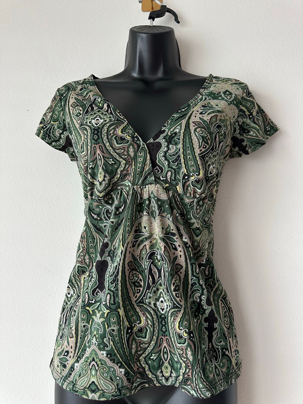 Vintage Y2K  Paisley Empire Waist Top Babydoll XS Green Boho Y2K Stretch Blouse